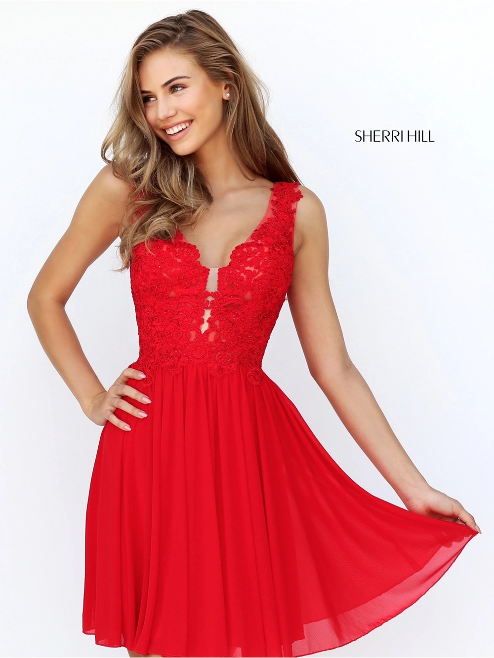 Sherri Hill 8 Red Floral Embroidered Rhinestone Lace Tulle Formal Mini Dress